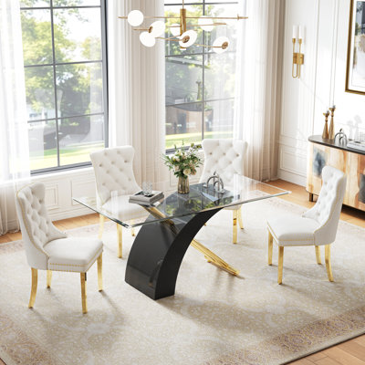 5-Piece Rectangular Dining Table Set, 63" Tempered Glass Table With Glossy X-Shaped Base And 4 Velvet Tufted Cushioned Chairs
