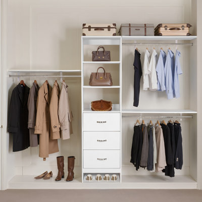 Closet System with 3 Drawers, Adjustable Height Wooden Closet Organizers, Modern Walk-in Wardrobe Organization with 3 Retractable Clothes Hanger Rods, Freestanding Garment Rack Storage, White