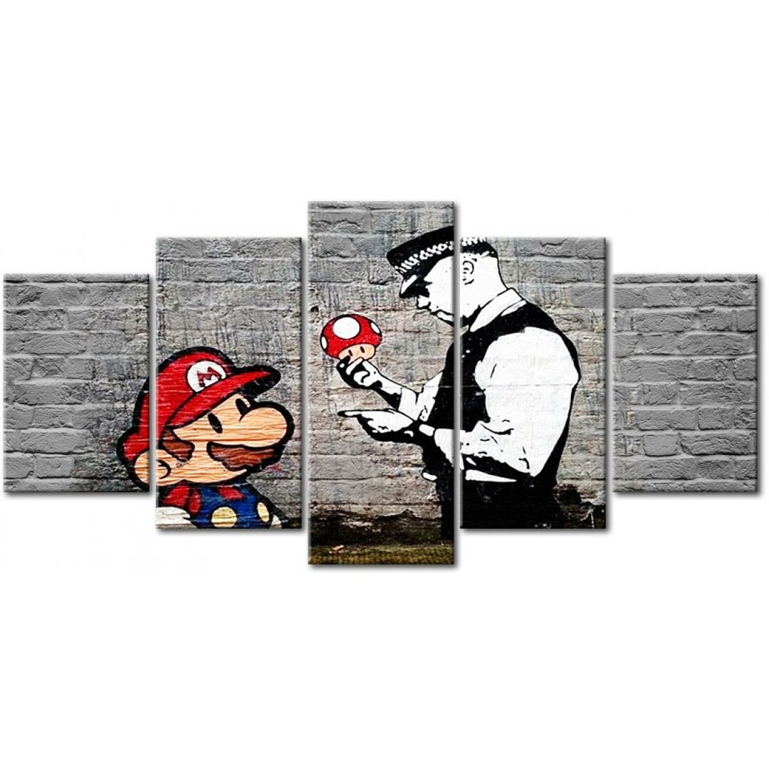 5-tlg. Leinwandbilder-Set Super Mario Pilz mit Polizist von Banksy