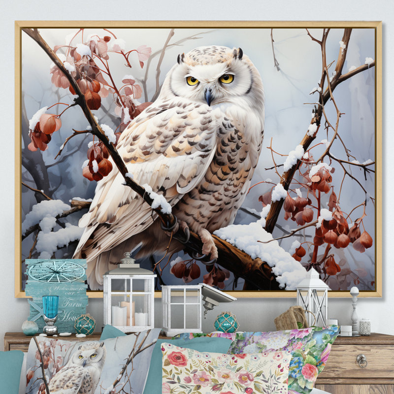 «Snowy Owl Winter III - Winter Landscape», reproduction sur toile encadrée, Cadre naturel flottant