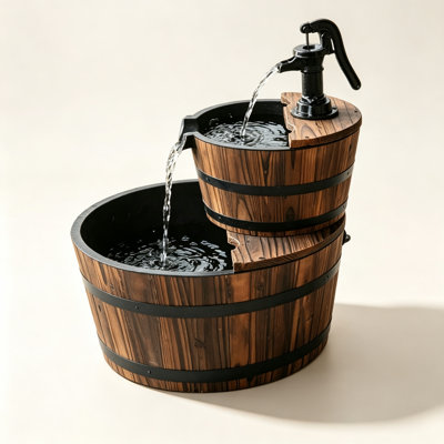 2‑Tier Rustic Barrel Cascading Water Fountain, Outdoor Fir Wood Water Feature with Vintage Hand Pump for Patio Backyard Garden
