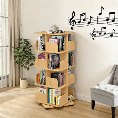 4-Tier Revolving Bookcase,360° Swivel Media Storage Cabinet - Natural