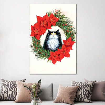 Black and White Cat in Poinsettia Wreath 1 Piece Wall Art on Canvas