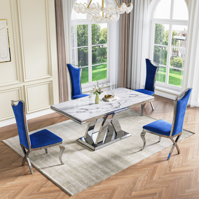 70.08” Faux Marble Dining Table With Double X Mirrored Pedestal Base, 5 Pieces Modern Table For Living Room