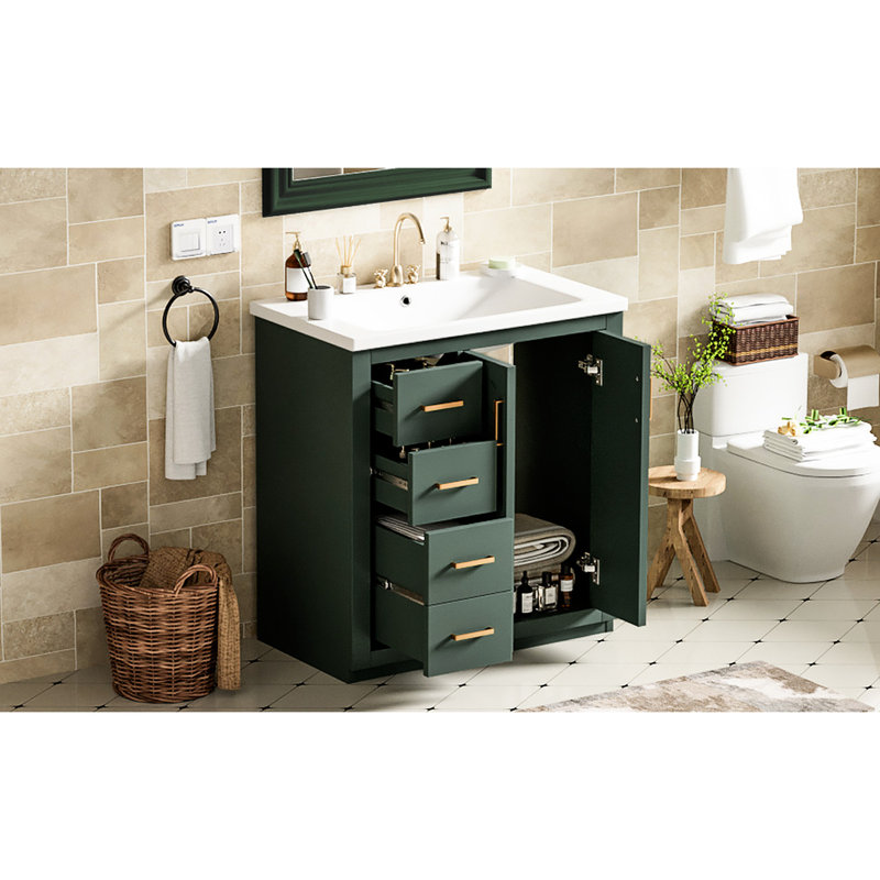 Meuble-lavabo de 76 cm avec lavabo en céramique - Structure en bois massif et design moderne - Finition imitant l'aspect réel de la vasque