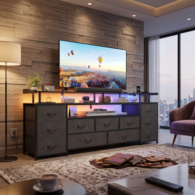 Meuble télé 63 po pour téléviseur de 65 po avec 11 tiroirs en polyuréthane et station de charge, noir