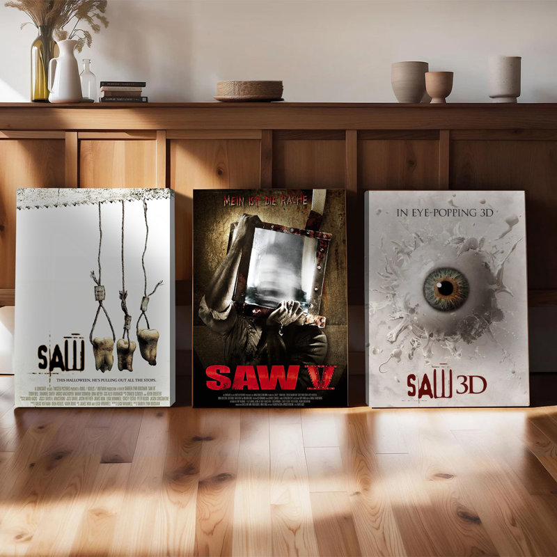 Ensemble de 3 affiches encadrées, style Saw, sur toile. Décoration murale idéale pour le cinéma maison, le salon, la chambre à coucher ou pour Halloween. Impressions vintage parfaites pour les amateurs d'horreur. Idée cadeau.