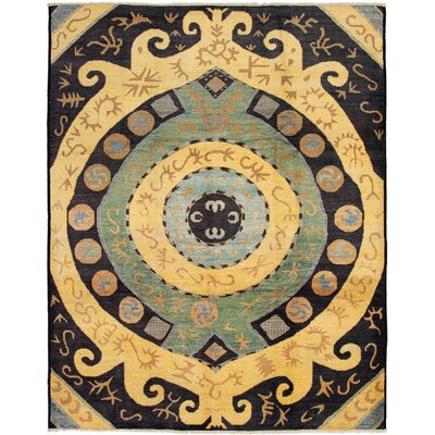 One-of-a-Kind Androw Hand-Knotted 2010s Mogul Cream/Black/Green 9'3"" x 11'10"" Wool Area Rug -  Isabelline, 61743770C02A45BC99E959C5493FCACD