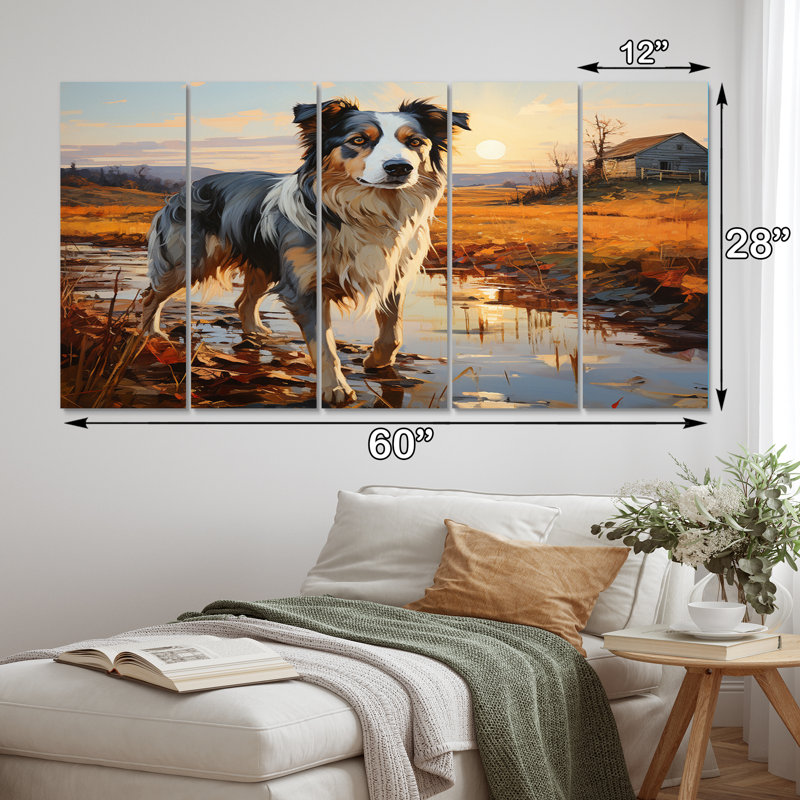 Border collie marchant sous l'horizon I - animaux, reproduction d'art sur toile - 5 panneaux égaux