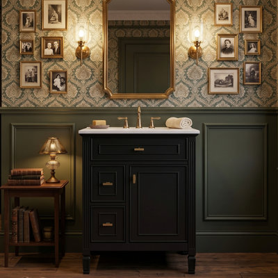 Ensemble de meuble-lavabo autoportant 24 po moderne avec comptoir en céramique espacé de 8 po, plateau inclinable en angle ouvert sur une porte asymétrique et un tiroir à deux tiroirs (disponible en vert et noir)