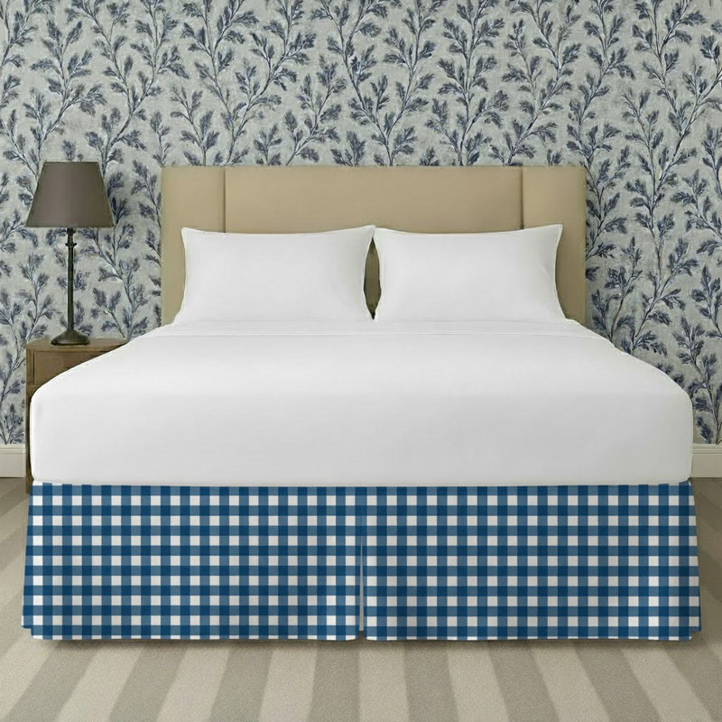 Gingham Pattern Tailored Bed Skirt 15" Drop Length, King, Navy Blue