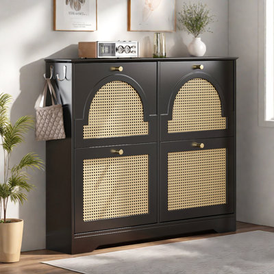 Armoire à chaussures basculante avec 4 tiroirs rabattables, 4 portes en rotin et 2 crochets argentés