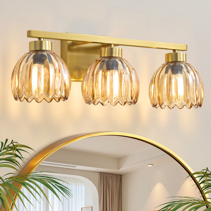 3-light Dimmable Vanity Light With Vintage Floral Tulip Glass Shade, Amber