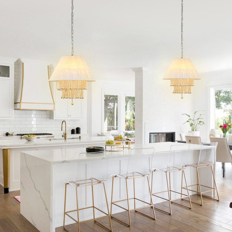 Luminaire suspendu suspendu en perles de bois Boho, lustre 3 lumières avec abat-jour en tissu pour salle à manger