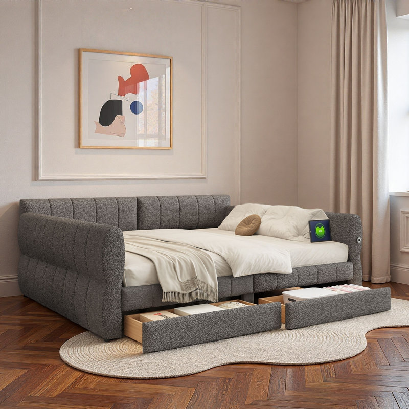 Upholstered Daybed With Usb And 2 Drawers, Gray