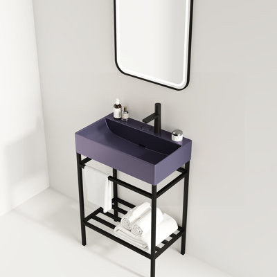Bathroom Vanity With Purple Ceramic Basin - 24" Black Console And Handy Iron Storage Strong Shelving