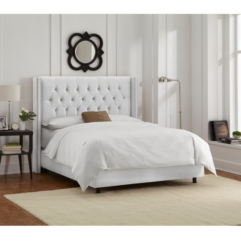 Dashun Upholstered Wingback Bed, Classic White Velvet, Full