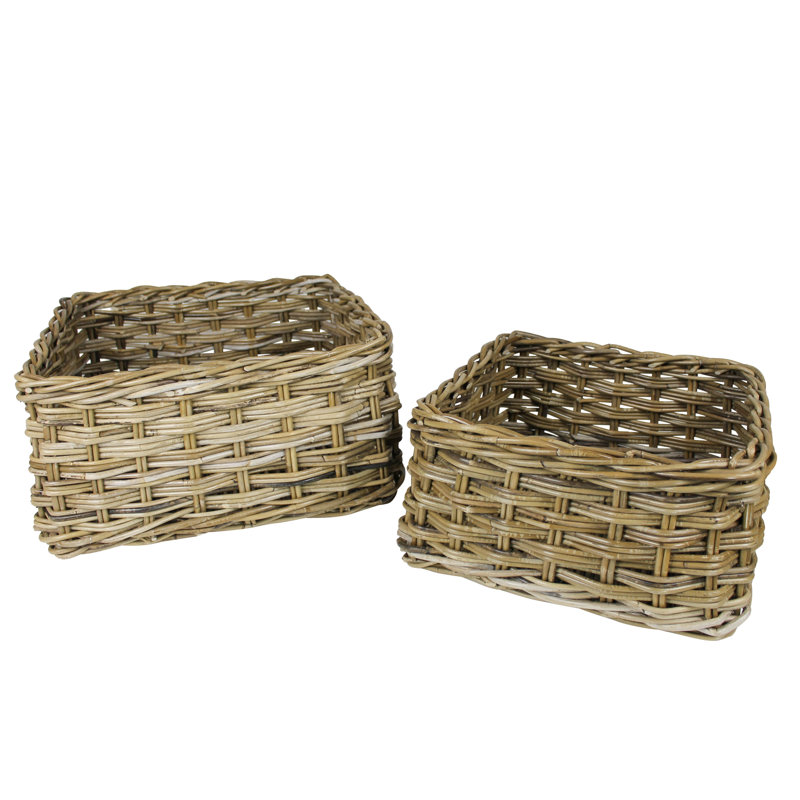 Square Baskets, Rattan, Set/2  Sm: 15X7, Lrg 19X7.5, Brown, 19" H x 19" W x 7.5" D