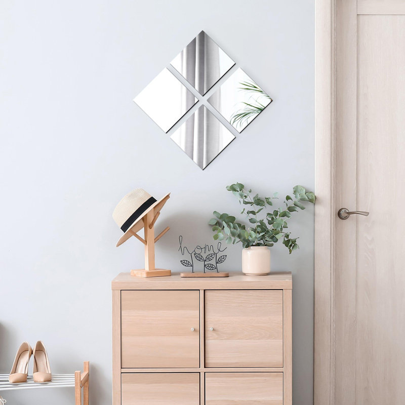 Ensemble de 4 petits miroirs adhésifs modernes et contemporains sans cadre, Carré 7,12 po x 7,12 po