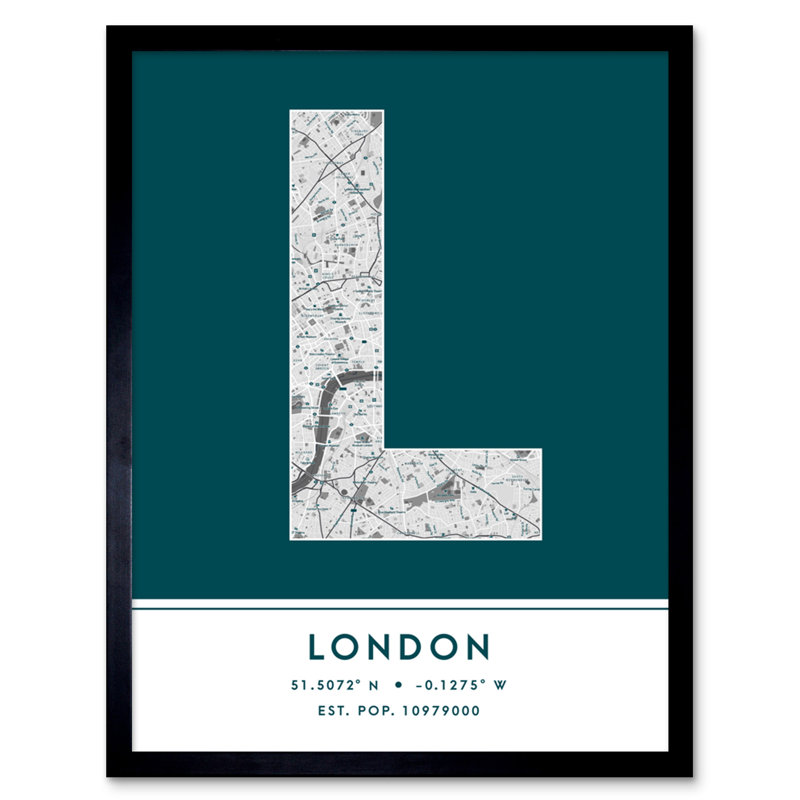 London City Map London England United Kingdom City Map Teal - Single Picture Frame Typography
