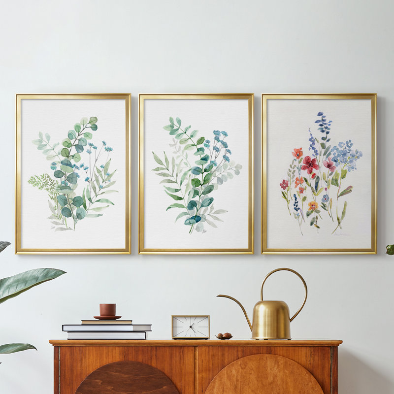 Blue Mist Eucalyptus I - Toile tendue avec châssis sur mesure - 3 pièces, H 21 po x l 30 po, Doré