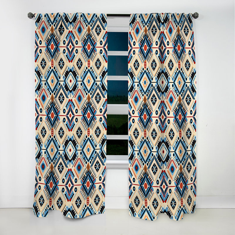 Rideau occultant géométrique beige et bleu Tribal Essence, L 52 po x L 90 po