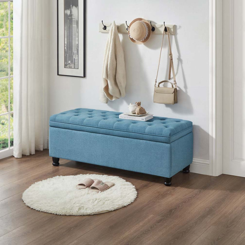 Banc de rangement rembourré capitonné, Bleu clair