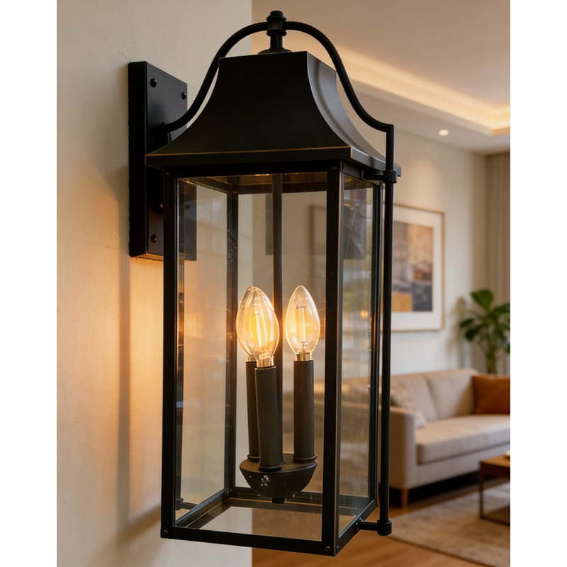 Large 21-Inch Outdoor Wall Sconce With 3 Lights, Waterproof Porch Lantern For Front Door, Patio, Garage, And Entryway, Features Tempered Glass Shade And E12 Bulb Sockets