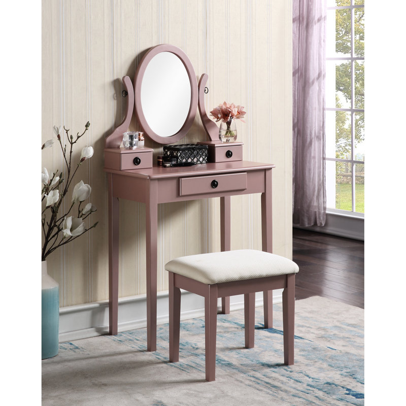Wood Vanity Table And Stool , Rose Gold Sparkle - 3 Drawer Storage, Adjustable Oval Mirror, Generous Tabletop For Cosmetics, Upholstered Seat , Lustre Storage Drawers, Expansive Comfortable