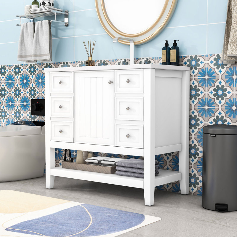 Meuble-lavabo simple 36 po avec plateau en céramique Rhemy, Blanc