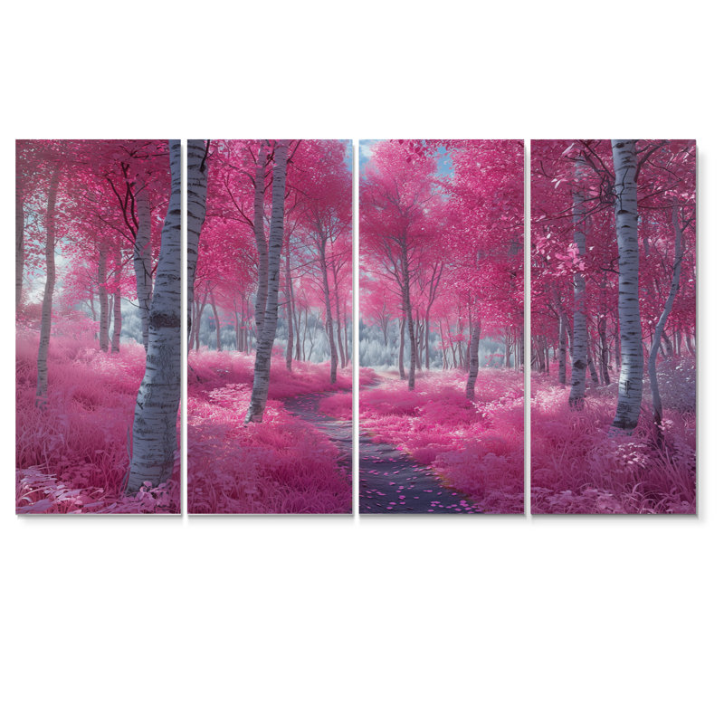 Bouleaux roses, chemin forestier, Panorama III - ensemble de salon d'art mural forêt, H 28 po x l 48 po