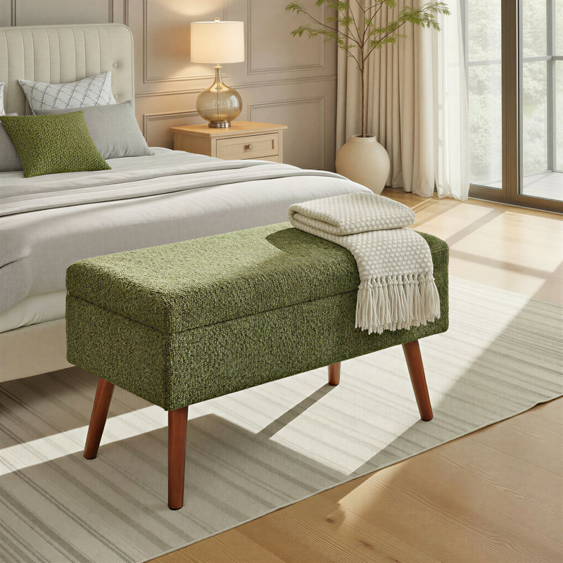 Beyers Upholstered Flip Top Storage Bench, Dark Green Fabric, Brown