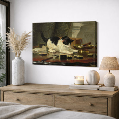 Illustration rétro de chat noir et blanc avec dominos, images de salon, impression sur toile encadrée, impression numérique.