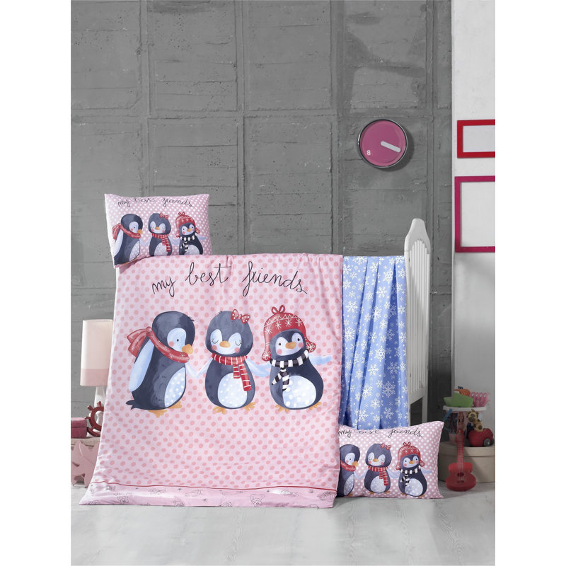 Ensemble de housse de courtepointe 100% coton Ranforce Baby, rose et blanc, rouge et noir | Housse de couette (39,4 x 59,1 po), drap plat (39,4 x 59,1 po), 2 taies d'oreiller (13,8 x 17,7 po) | 145 fils, lavable à la machine, élégant et confortable