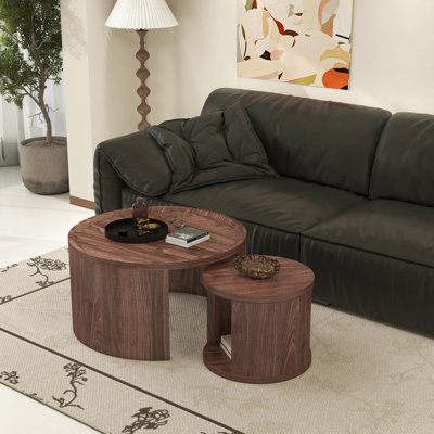 Round Nesting Coffee Table Set Of 2, Natural Wood Color Coffee Table, 31.5" Large & 18" Small Low Tables With Wood Top, Center Table For Living Room,
