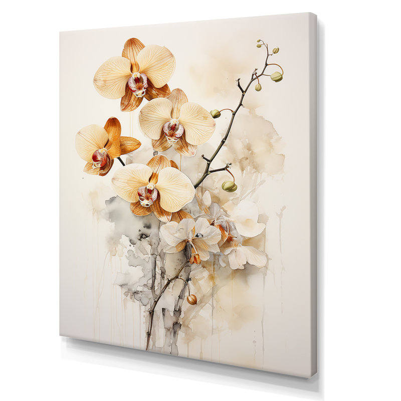 Orchidée beige et or qui fleurit, Toile tendue, H 44 po x l 34 po x P 1,5 po