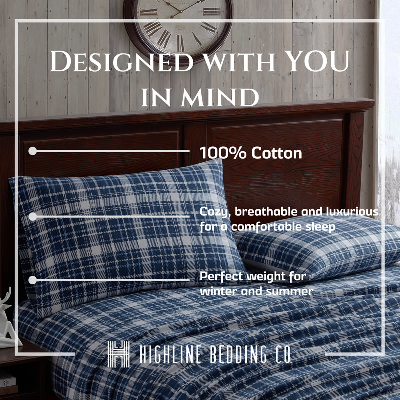 Edmund Plaid Flannel Turkish Flannel Sheet Set, Twin Sheet Set + 1 Fitted Sheet + 1 Pillowcase, Black/White/Navy Plaid
