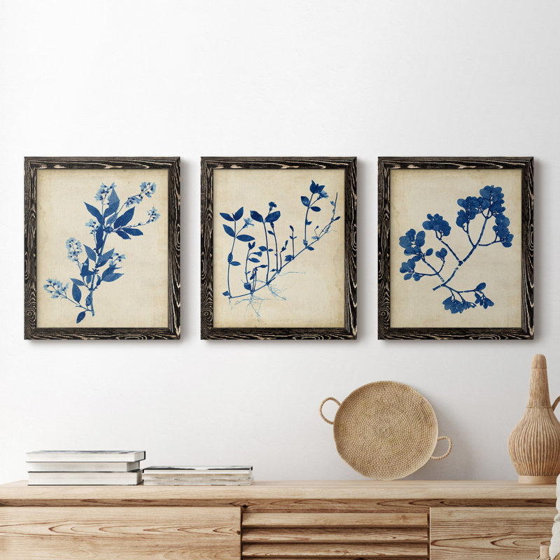 «Indigo Leaf Study I», ensemble de 3 peintures sur toile encadrées, Toile avec cadre noir, H 24 po x l 36 po x P 1,5 po