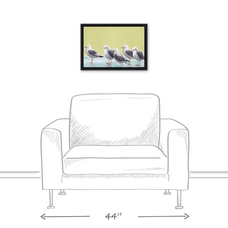 Mouettes sur fond jaune sur toile, H 13,75 po x l 19,75 po x P 1,75 po, Cadre flottant noir