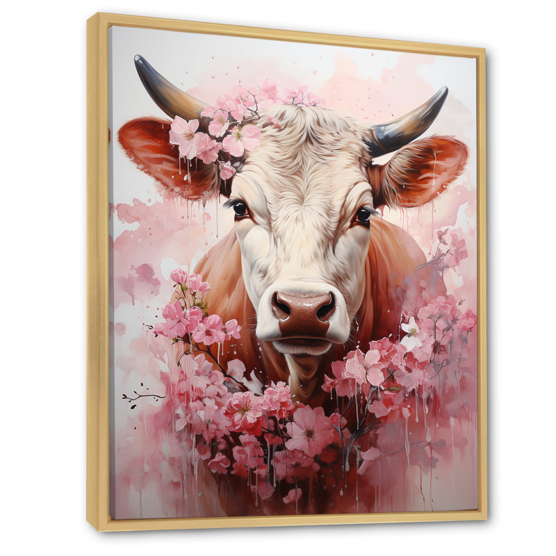 «Romanticism Pink Cow Portrait I», reproduction sur toile, Cadre naturel flottant, H 44 po x l 34 po x P 1,5 po