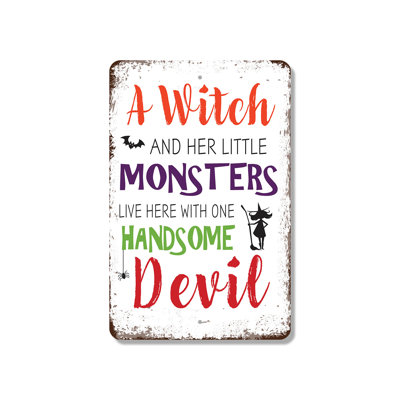 A Witch And Her Little Monsters Vintage Style (2 Pack) 8 Inch x 12 Inch Plastic Sign Spells Bells And Cheer Perfect for Entryways Playrooms Classrooms Fun Gift for Moms Kids Neighbors