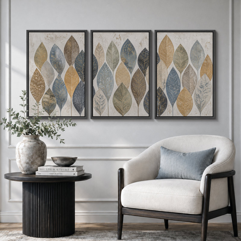 "Blue Gold Leaf", reproduction d'art sur toile encadrée, impression sur toile, 3 pièces, 36" H x 72" W x 1.5" D, Cadre noir