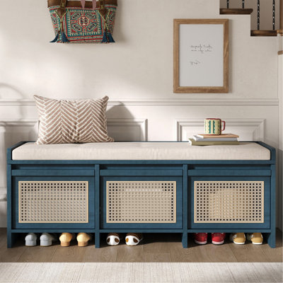 48" Entryway Shoe Bench, Retro Storage Bench With Rattan Drawers & Removable Button‑Tufted Upholstered Cushion For Living Room, Hallway, Foyer, Stair Landing, 5 Colors Available (Antique Navy)