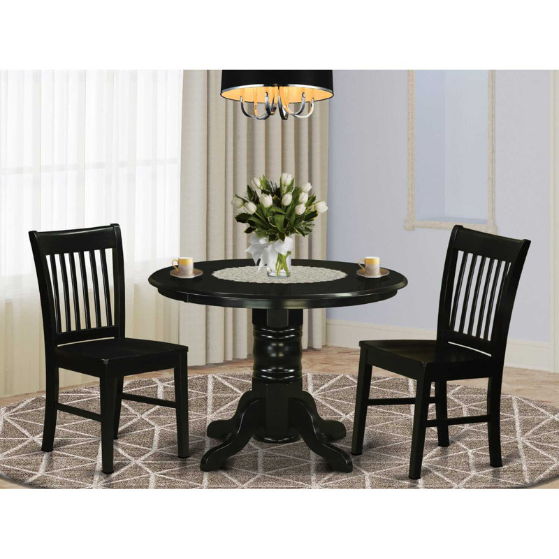 3 Piece Dining Room Furniture Set Contains a Round Dining Table with Pedestal and 2 Wood Seat Chairs, Black, Black, Black