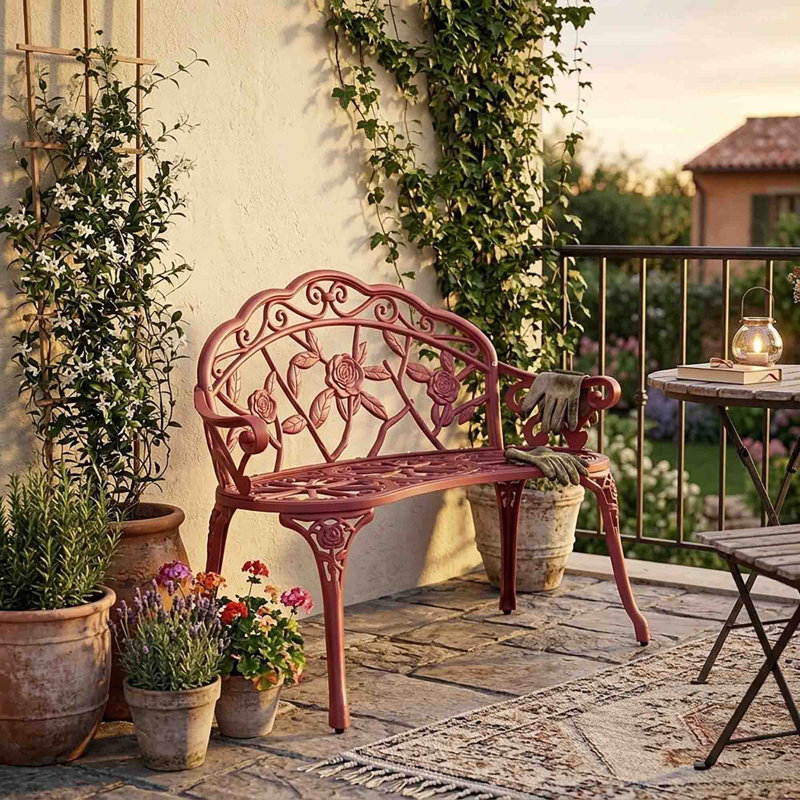 Metal Outdoor Bench, Reddish Brown