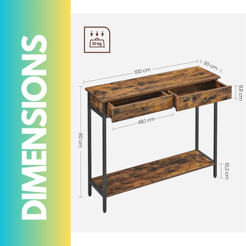 100Cm 2 Tier Rustic Console Table with 2 Drawers and Storage Shelf Entryway Living Room