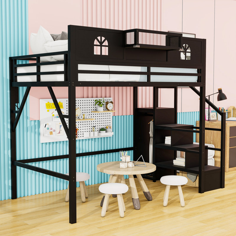 Metal Loft Bed with Stairs and Wardrobe, Full
