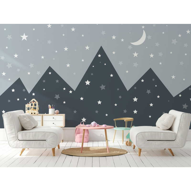 Papier peint amovible Triangle Row Of Mountains Midnight Sky and Stars Crescent Moon, L 114 po x l 204 po