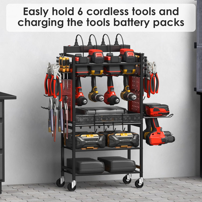 Rolling Tool Cart With Power Strip & Charging Station For Mechanics