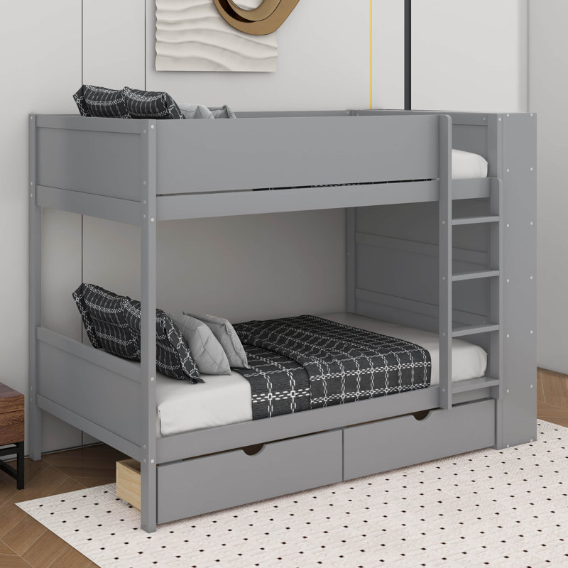 Lit superposé simple au-dessus de simple avec tiroirs et armoire, Gris